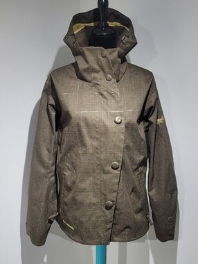 Columbia Women's Convert Boardwear Plaid Hooded Ski Snowboard Jacket Large Brown